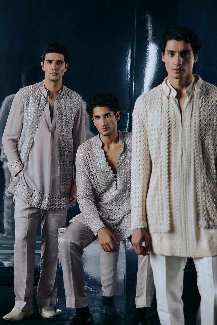Grey Cutwork Nehru set .