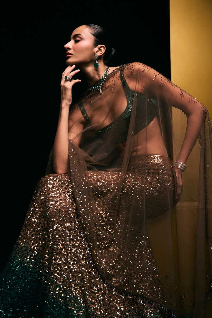 gold to green fishcut lehenga