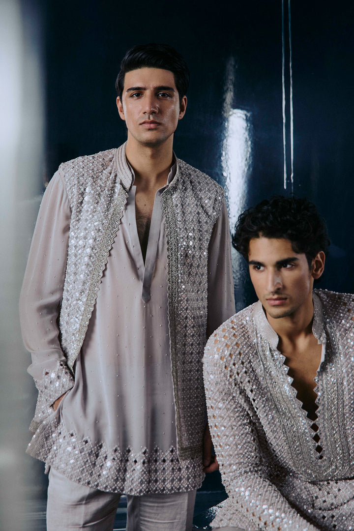 Grey Cutwork Nehru set .