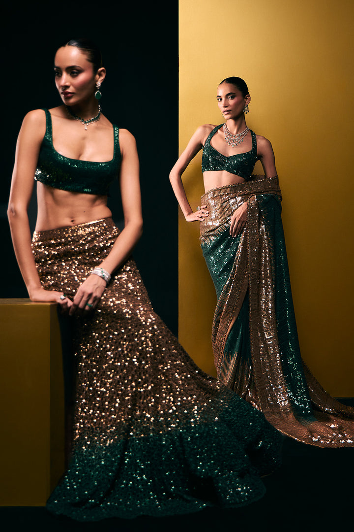 Green to gold sequin saree