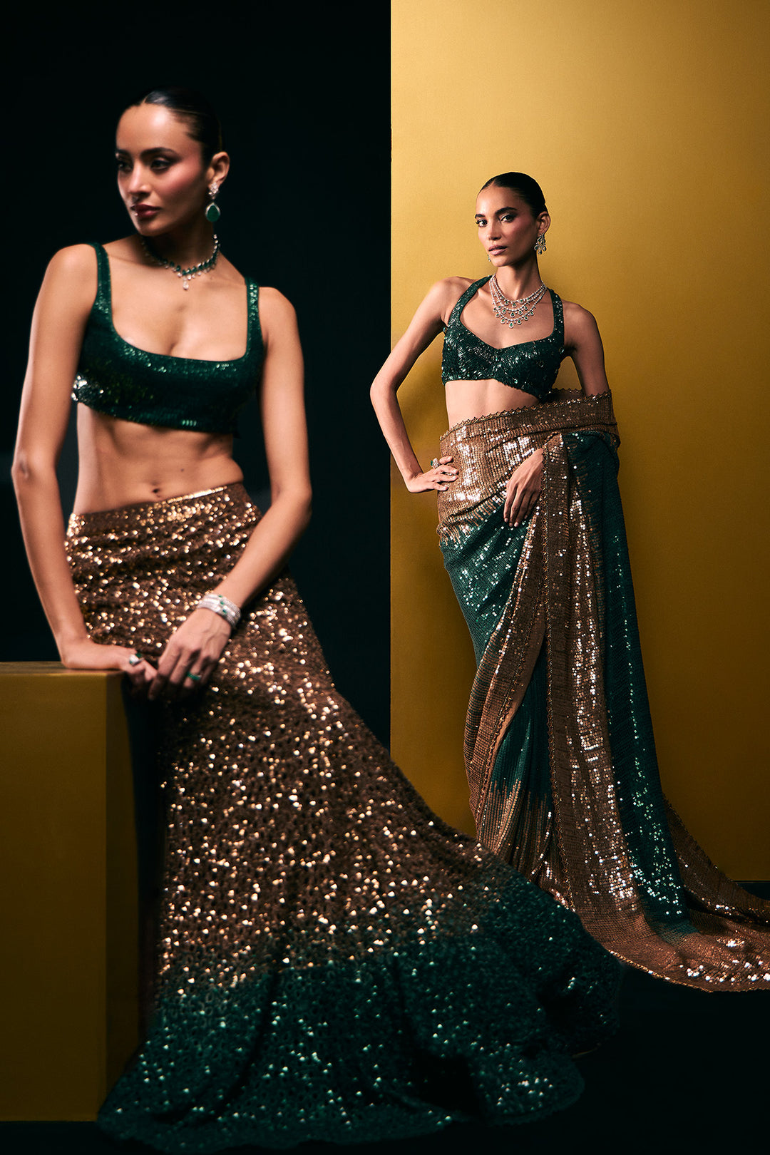 gold to green fishcut lehenga