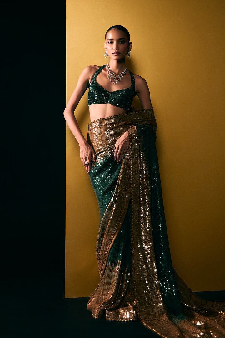 Green to gold sequin saree