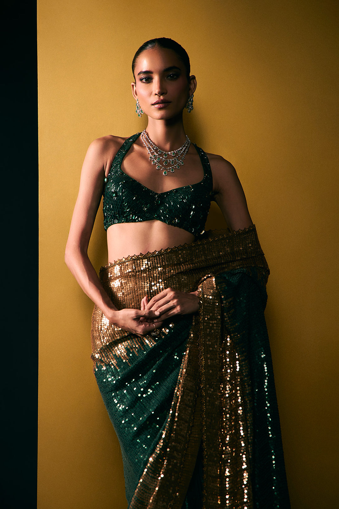 Green to gold sequin saree