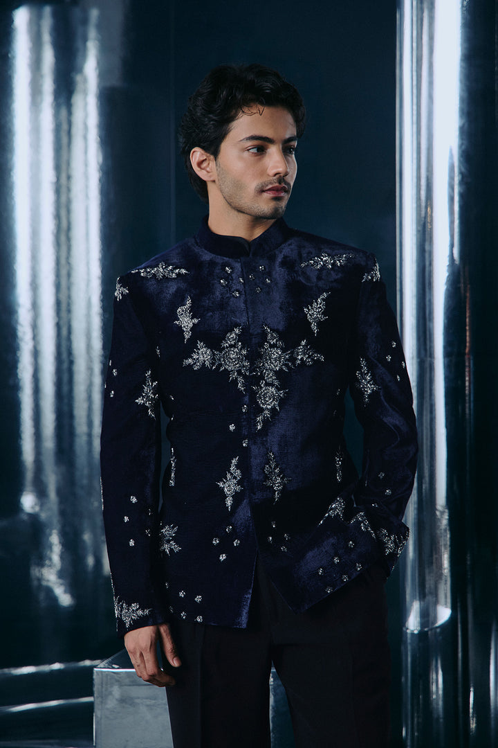 Navy Gunmetal embroidered Bandhgala set
