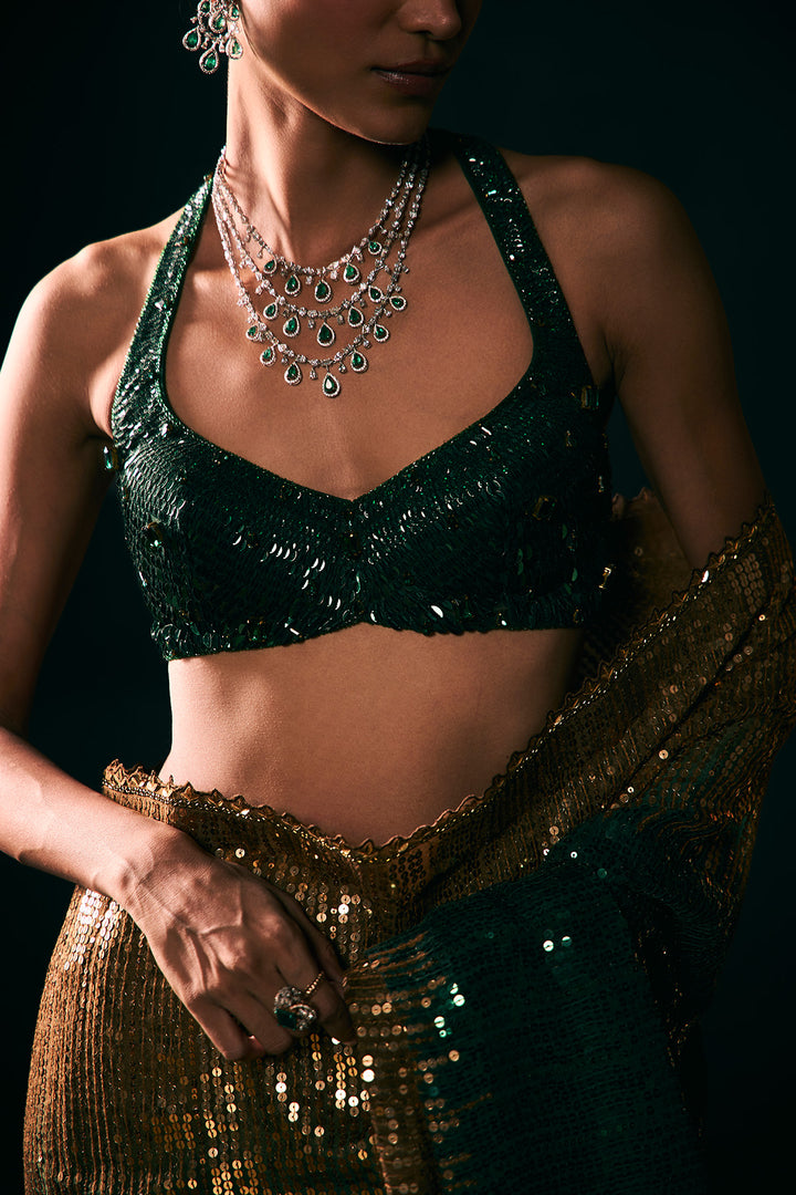 Green to gold sequin saree