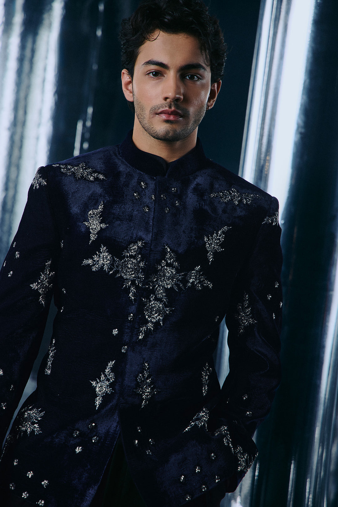 Navy Gunmetal embroidered Bandhgala set