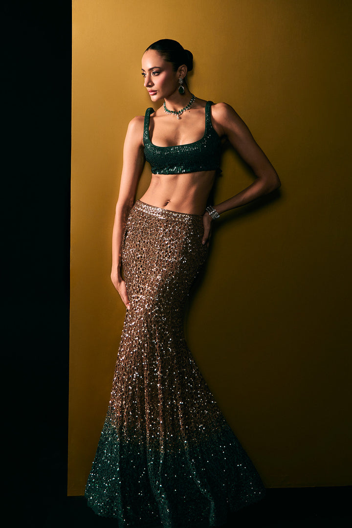 gold to green fishcut lehenga