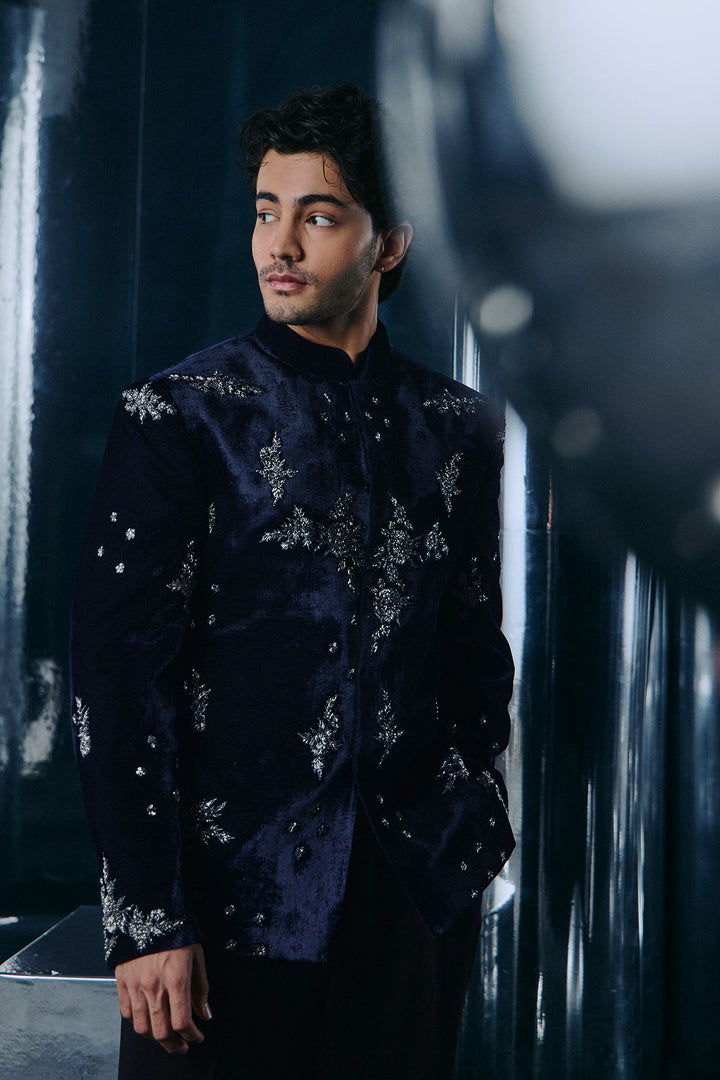 Navy Gunmetal embroidered Bandhgala set