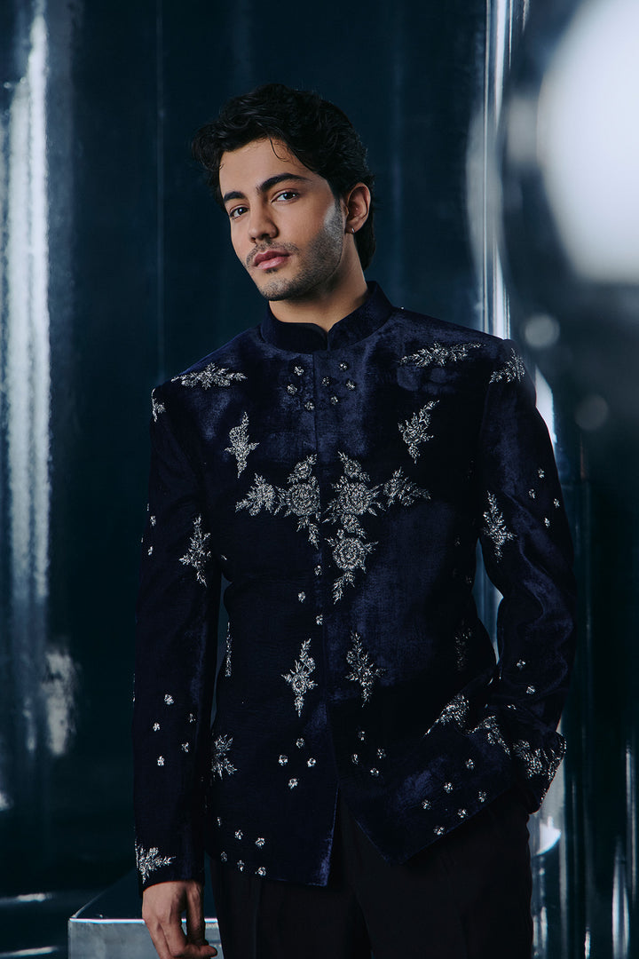 Navy Gunmetal embroidered Bandhgala set