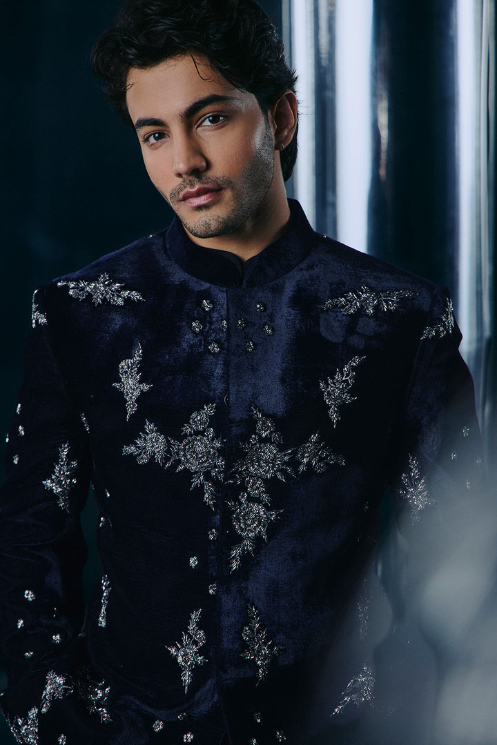 Navy Gunmetal embroidered Bandhgala set
