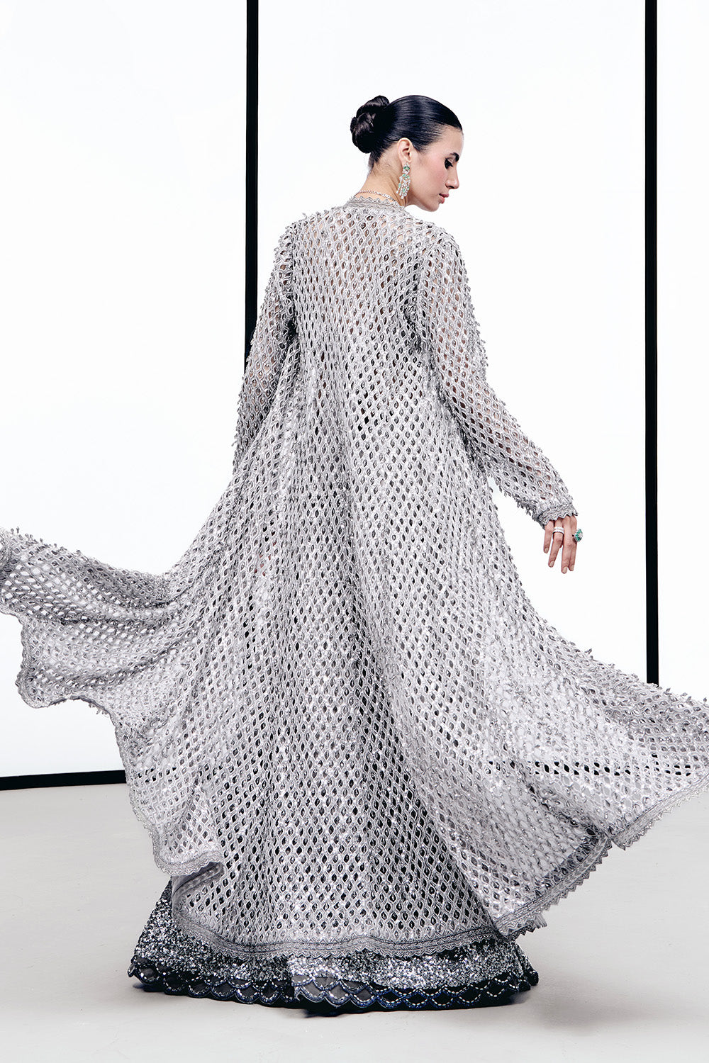 Grey Cutwork tassel cape lehnga set