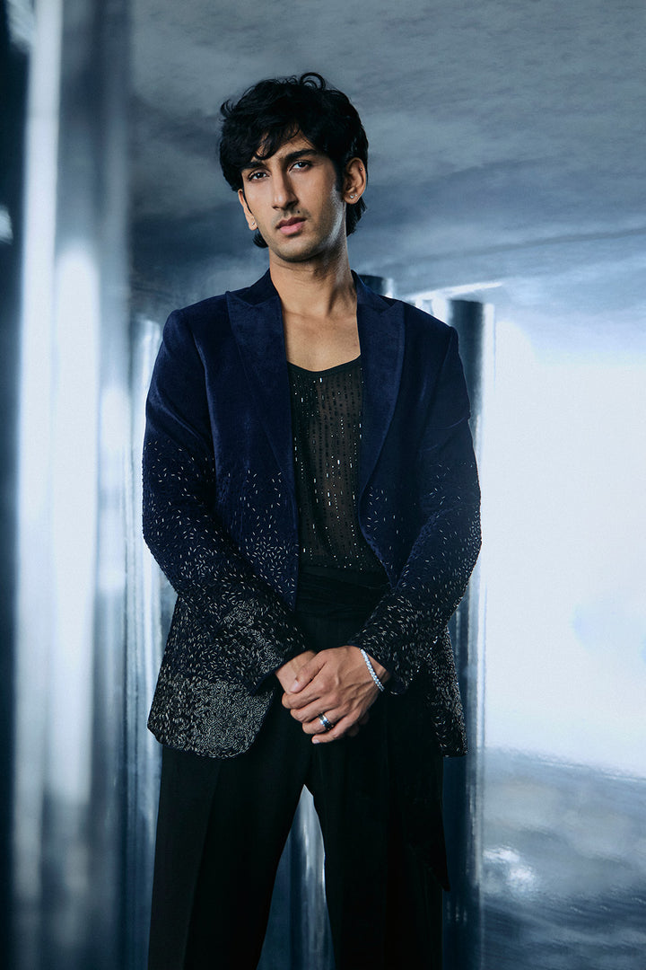 Blue jacket with bottom half embroidery