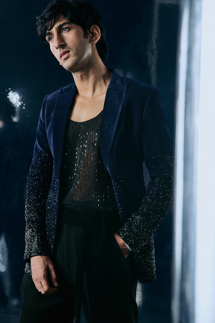 Blue jacket with bottom half embroidery