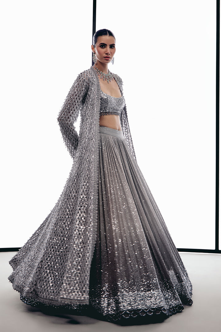 Grey Cutwork tassel cape lehnga set