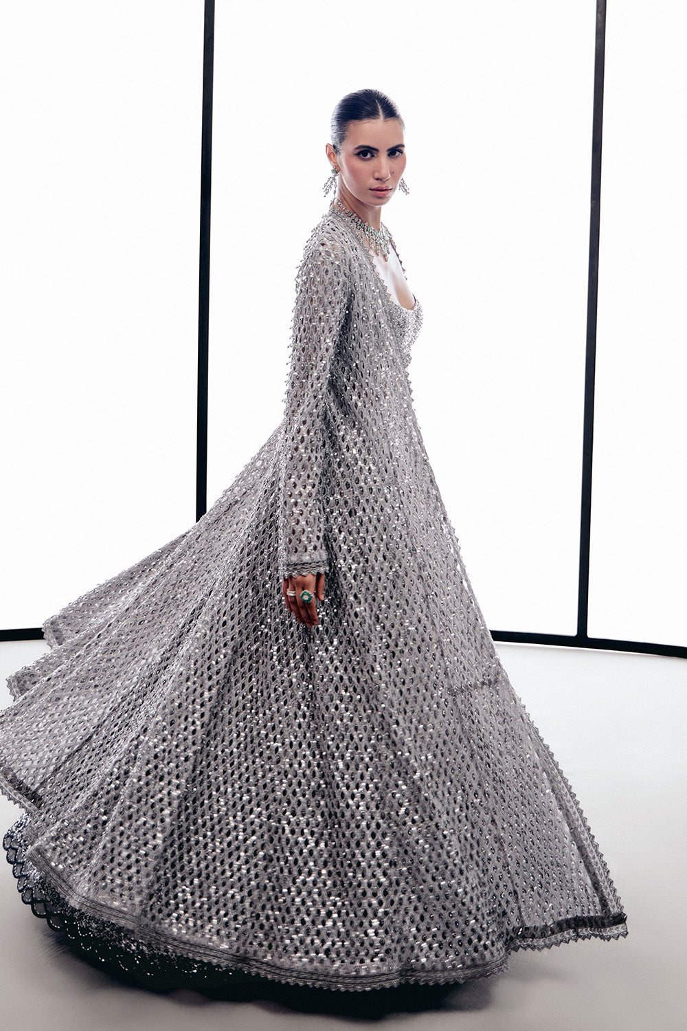 Grey Cutwork tassel cape lehnga set