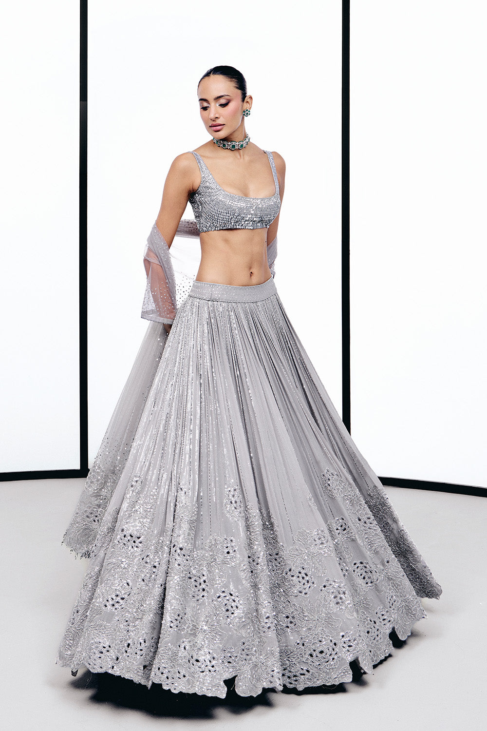 Grey floral cutwork lehnga set