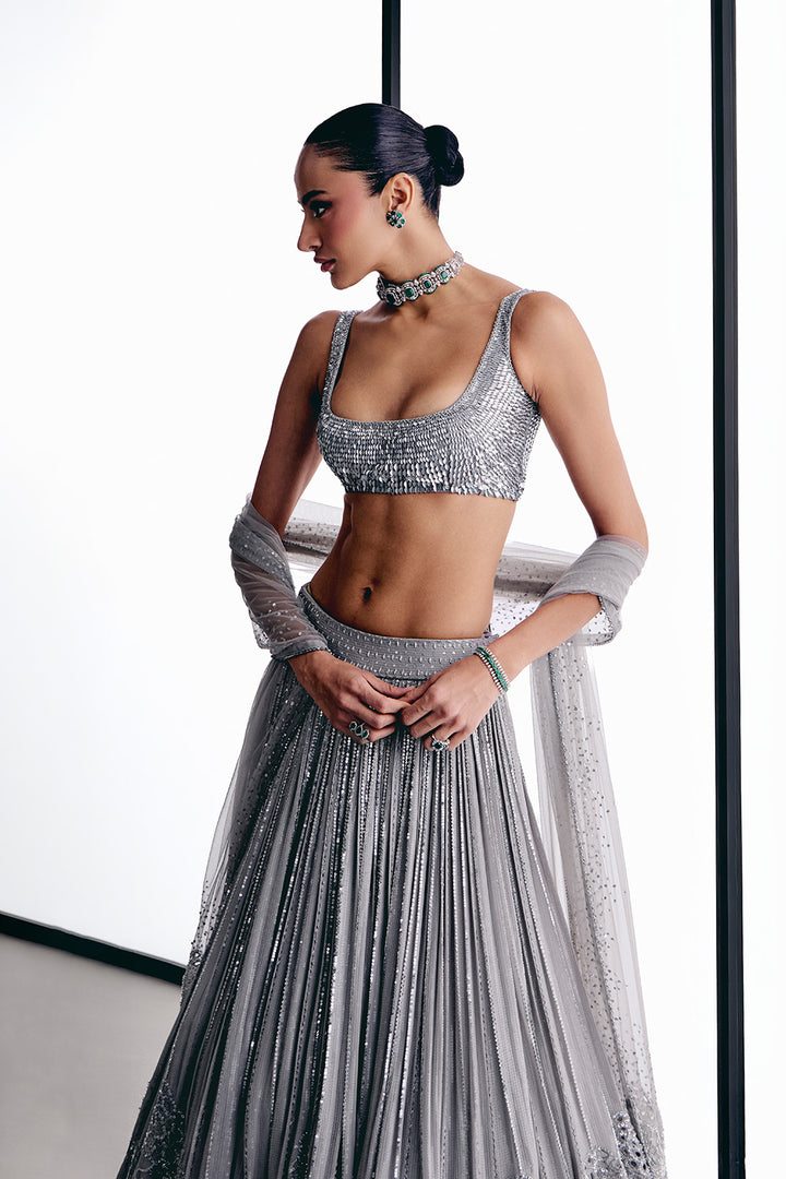 Grey floral cutwork lehnga set