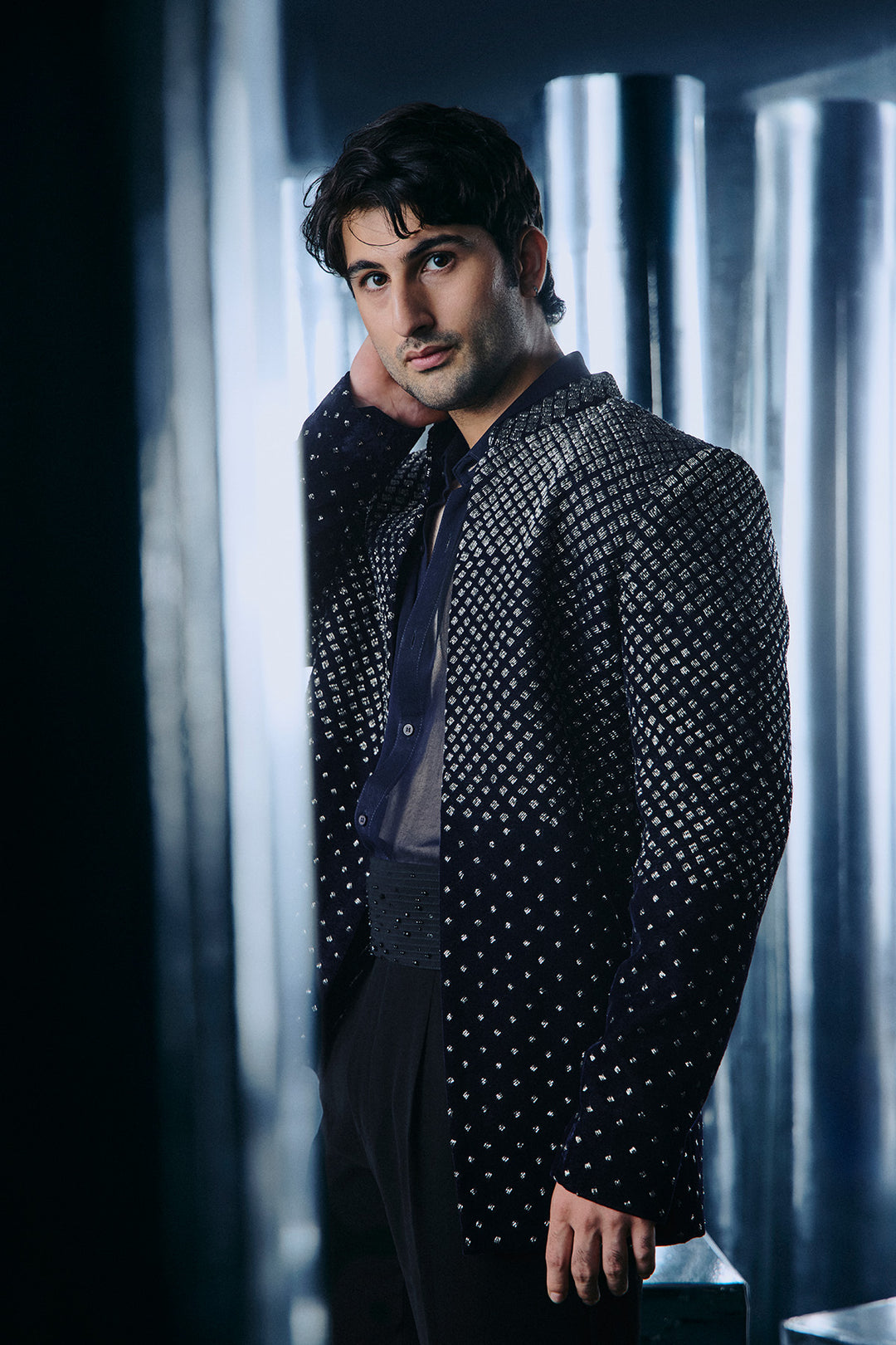 Blue edge ahead embroidery Bandhgala set