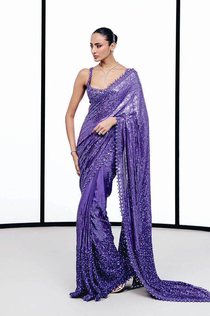 Purple sequins saree set