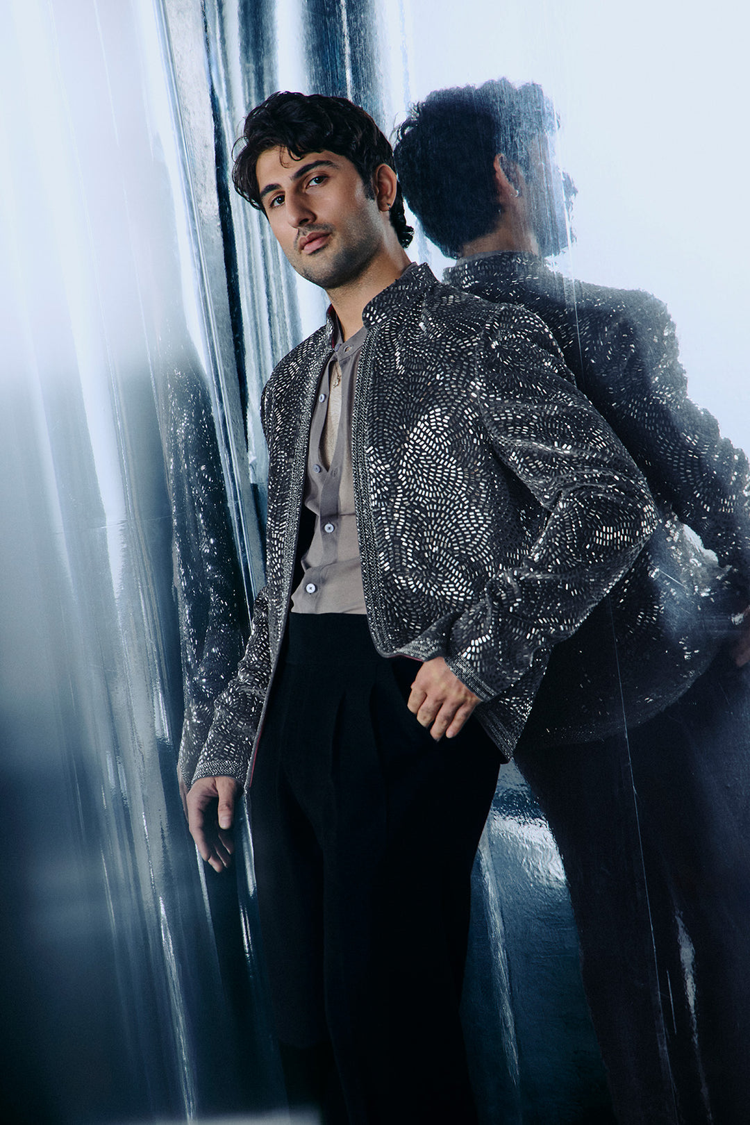 Ash grey swarovski Bandhgala set