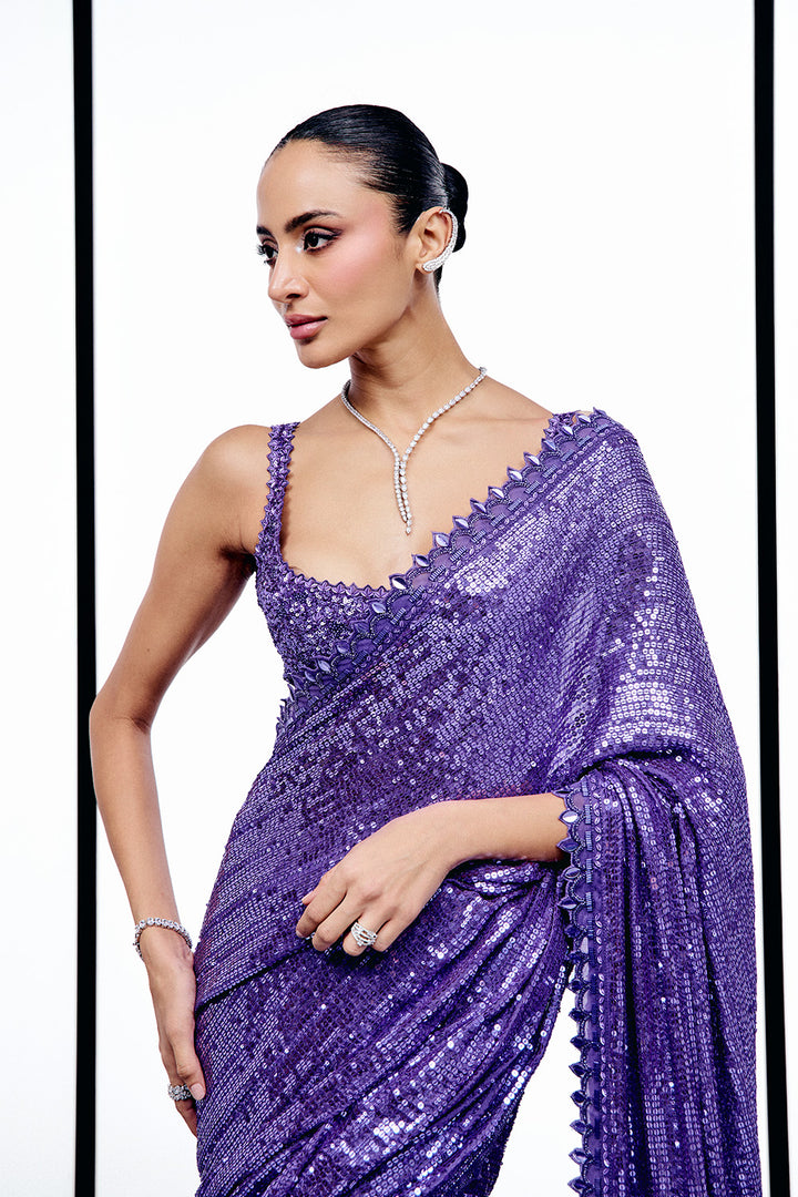 Purple sequins saree set