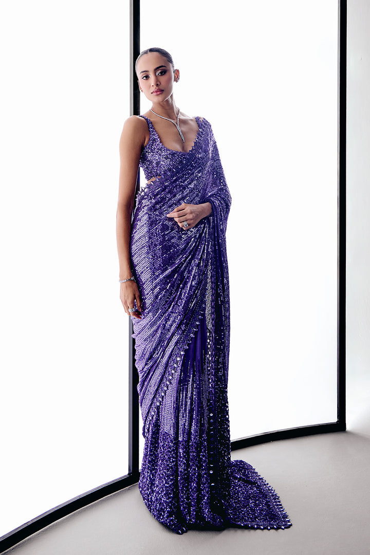 Purple sequins saree set