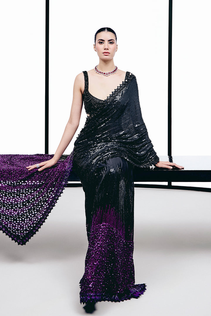 Black to pruple sequins cutwork saree set