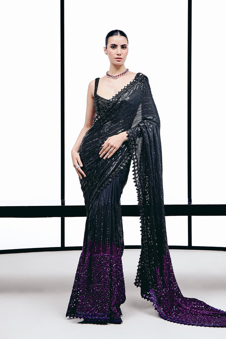 Black to pruple sequins cutwork saree set