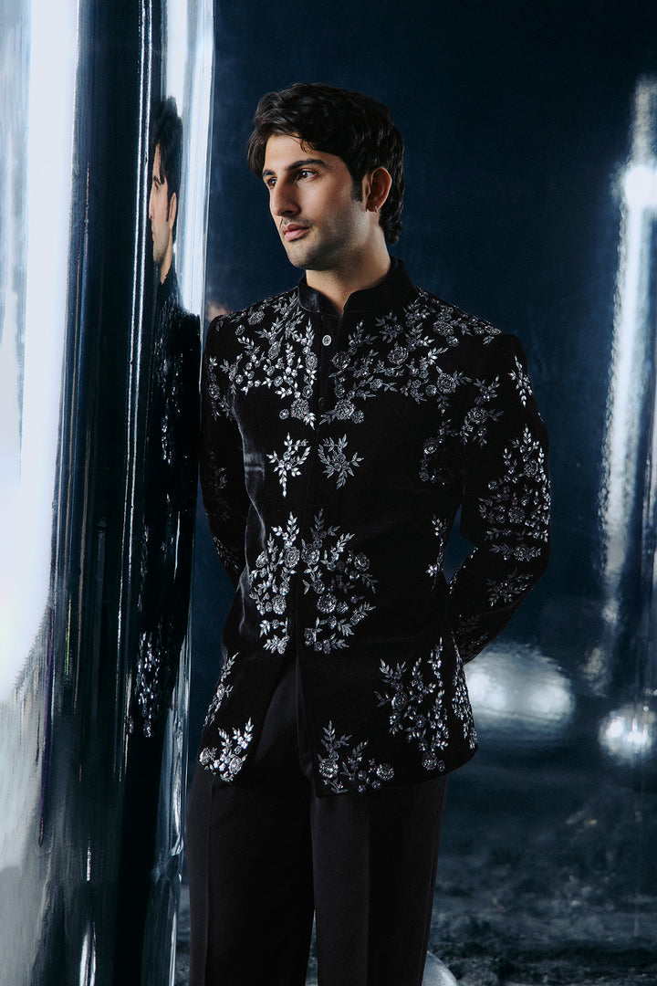 Black floral embroidered Bandhgala set