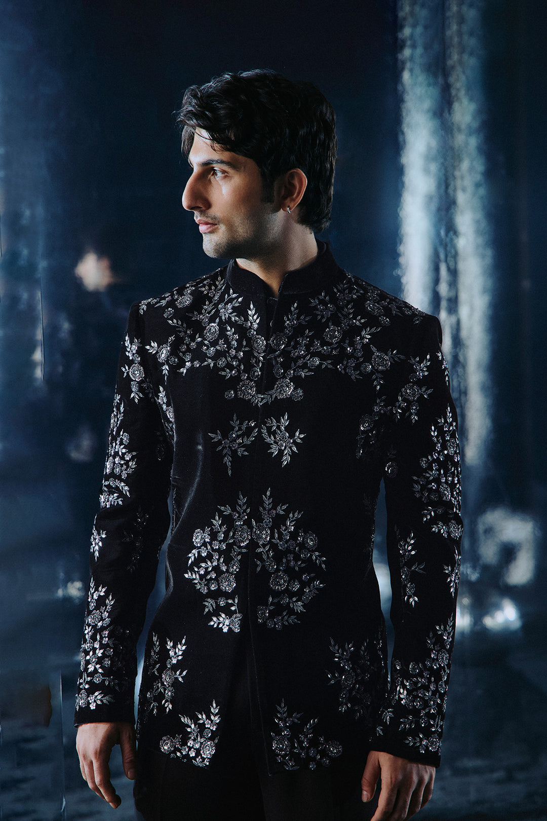 Black floral embroidered Bandhgala set