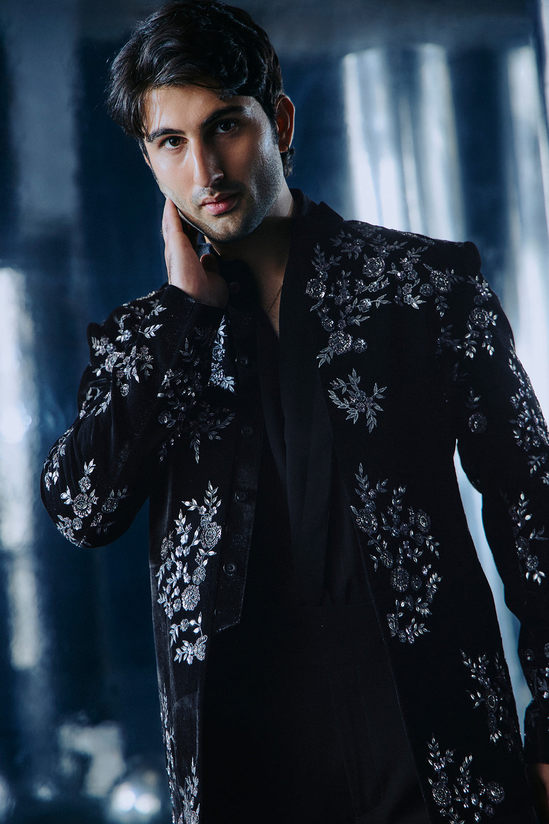 Black floral embroidered Bandhgala set
