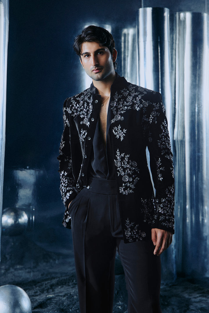 Black floral embroidered Bandhgala set