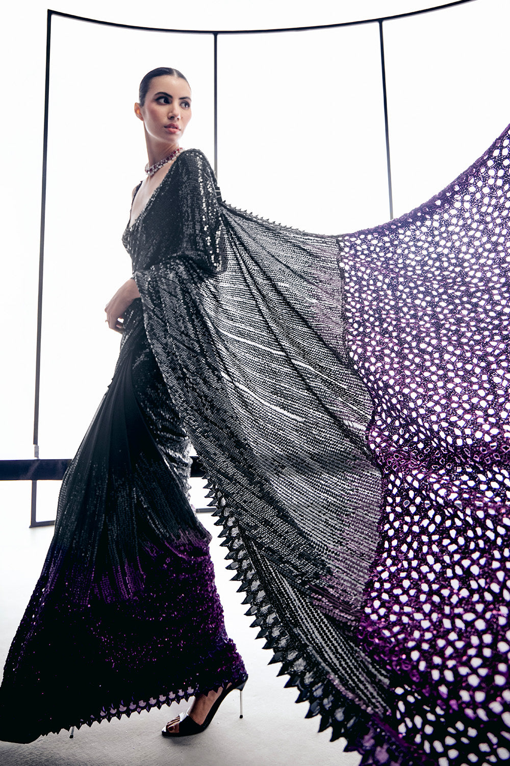 Black to pruple sequins cutwork saree set