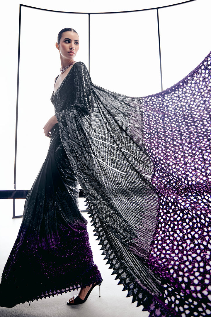 Black to pruple sequins cutwork saree set