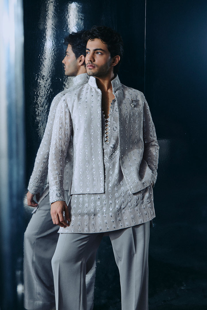 Grey Chikankari Nehru and Kurta set