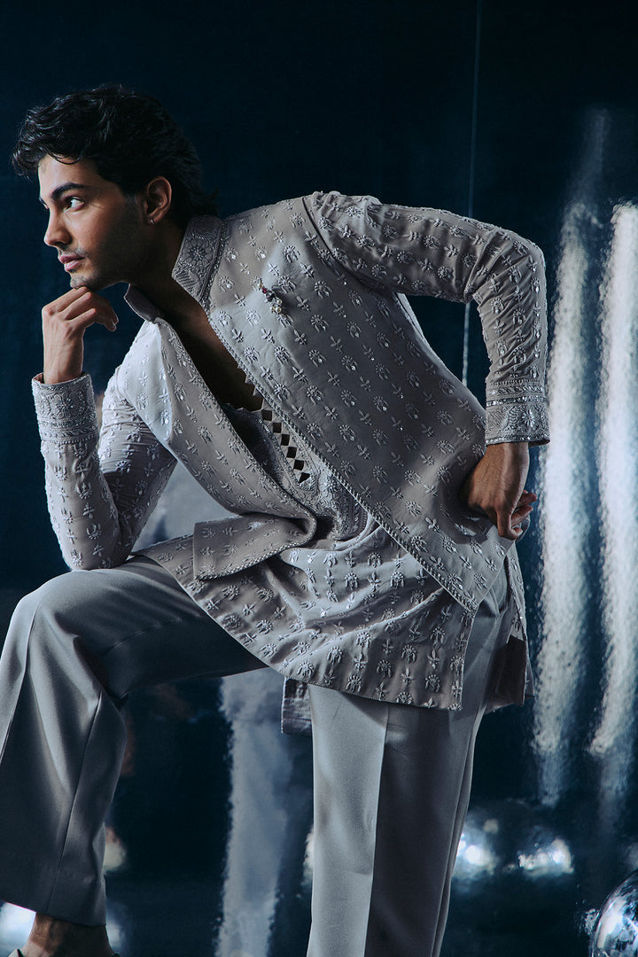Grey Chikankari Nehru and Kurta set