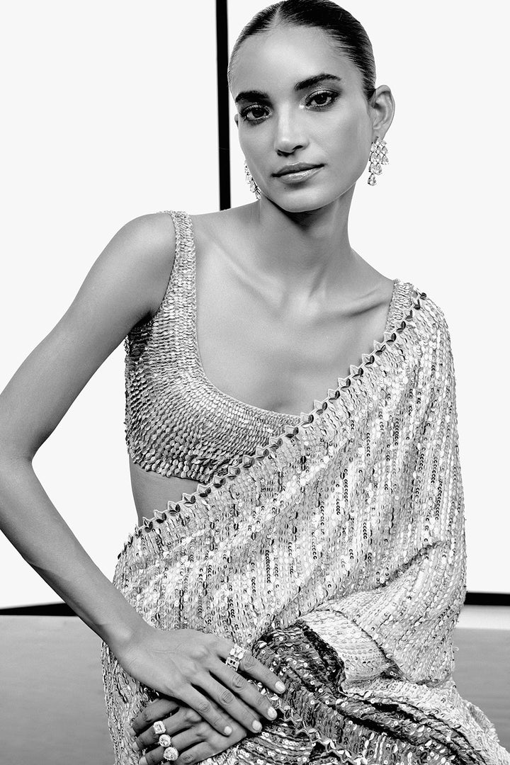 Silver to grey sequins saree set