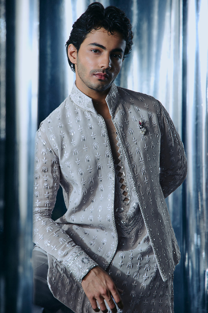 Grey Chikankari Nehru and Kurta set