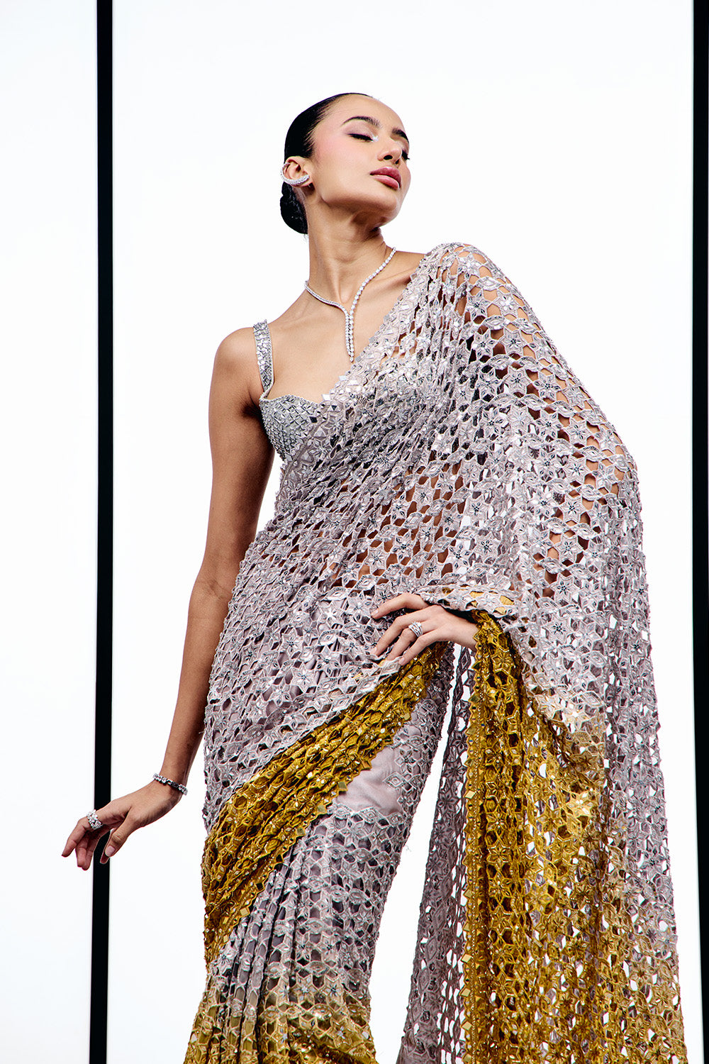Silver to ochre cutwork saree set