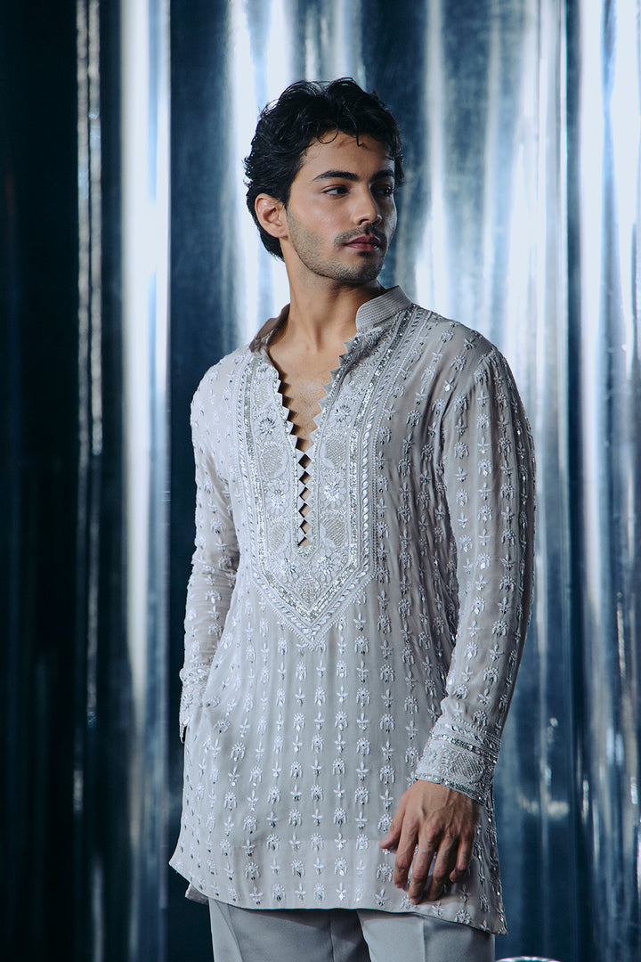 Grey Chikankari Nehru and Kurta set