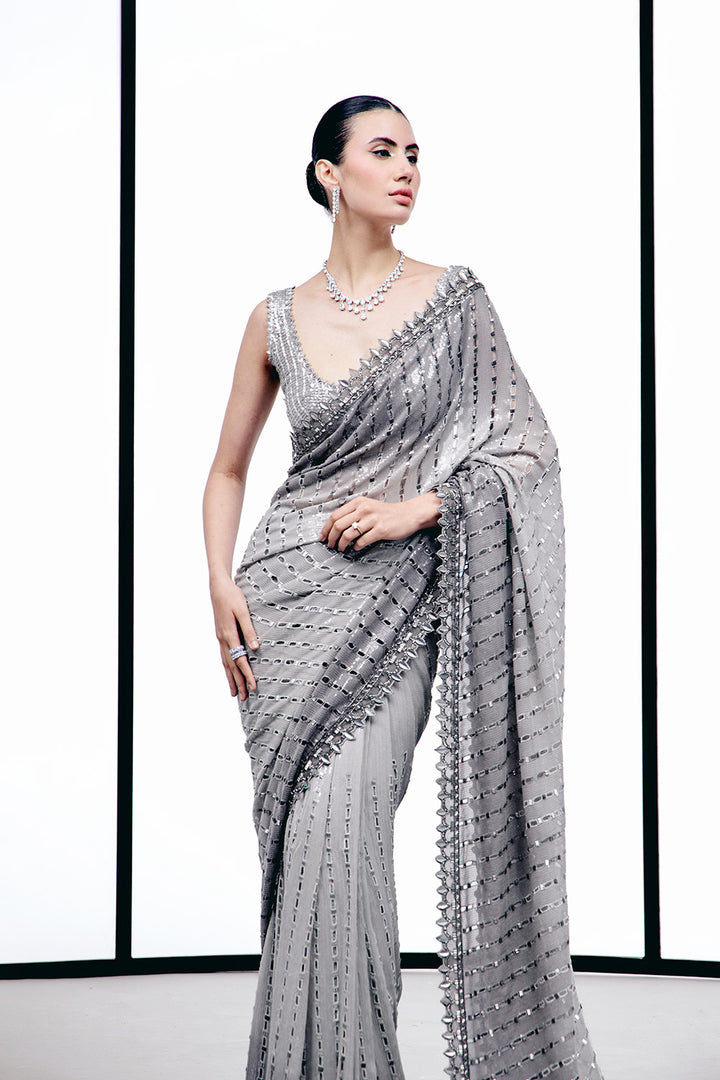 Grey ombre cutwork saree set