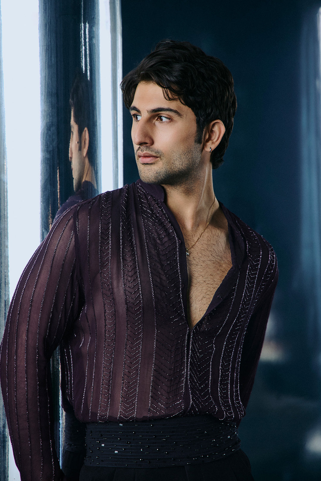 Wine embroidered shirt set