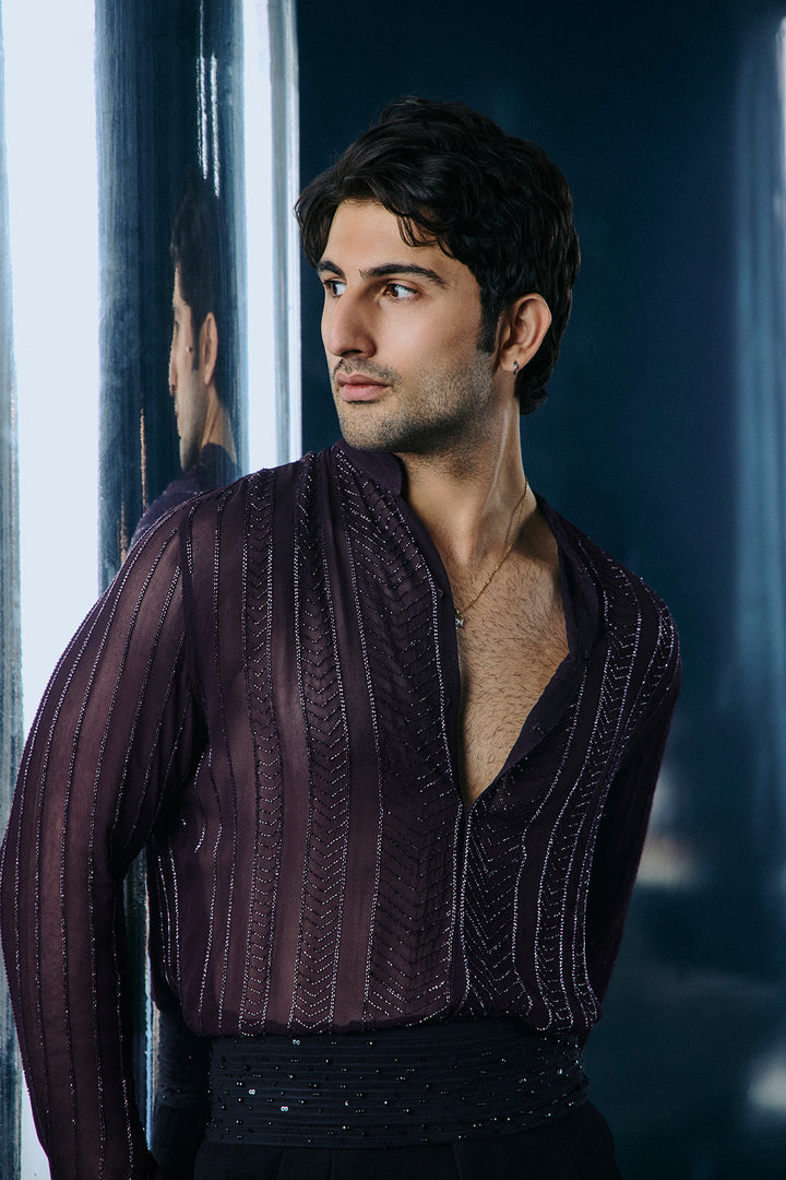 Wine embroidered shirt set