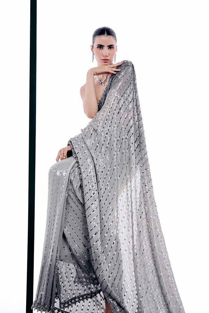Grey ombre cutwork saree set