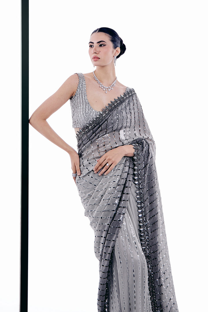 Grey ombre cutwork saree set