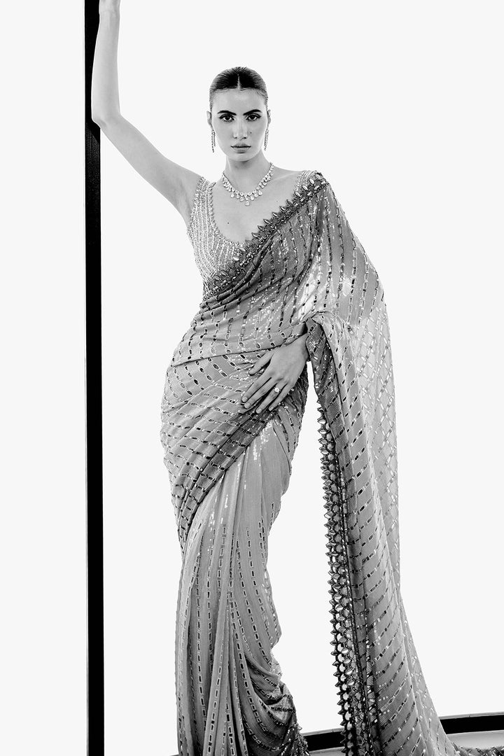Grey ombre cutwork saree set