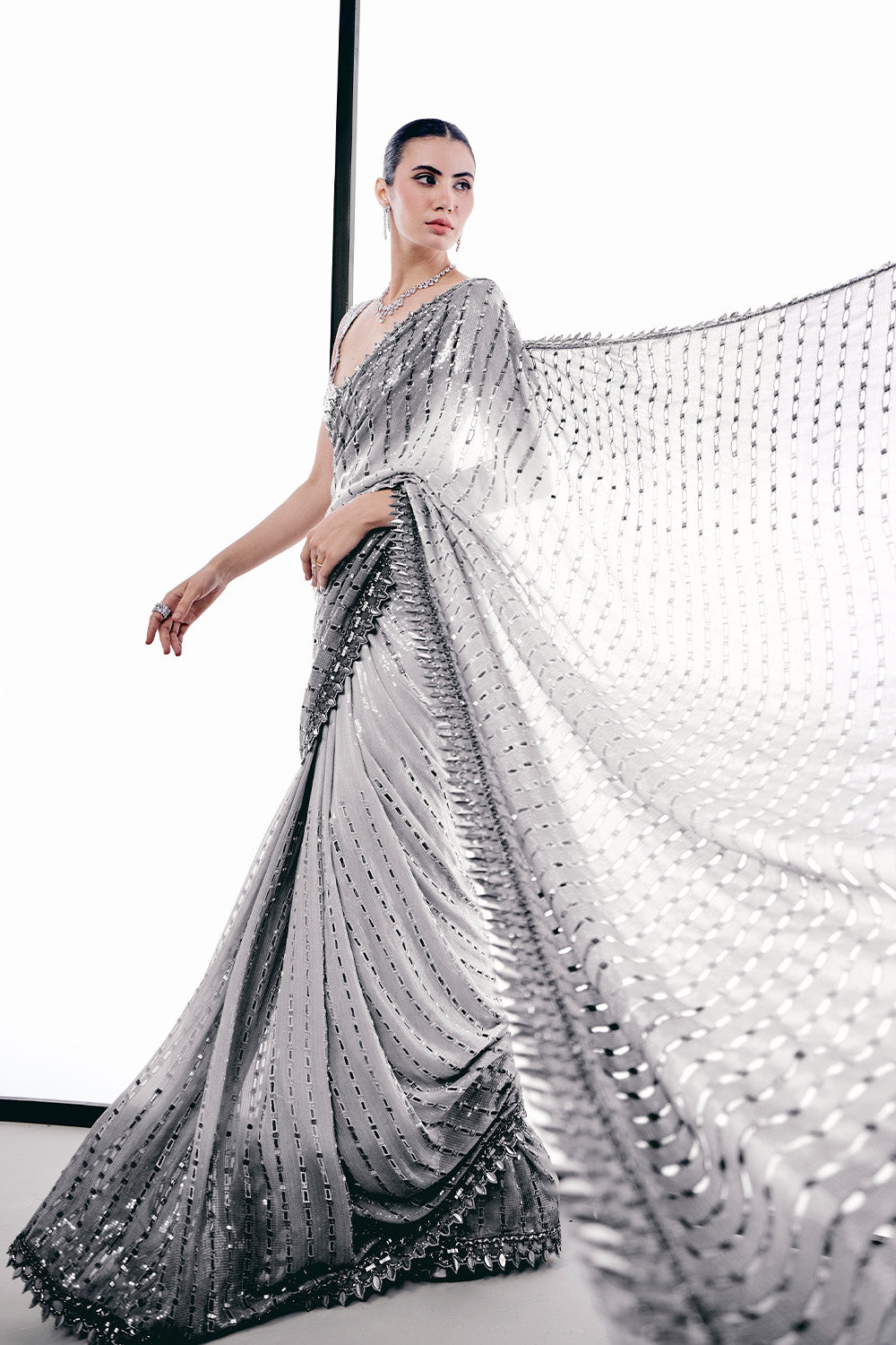 Grey ombre cutwork saree set