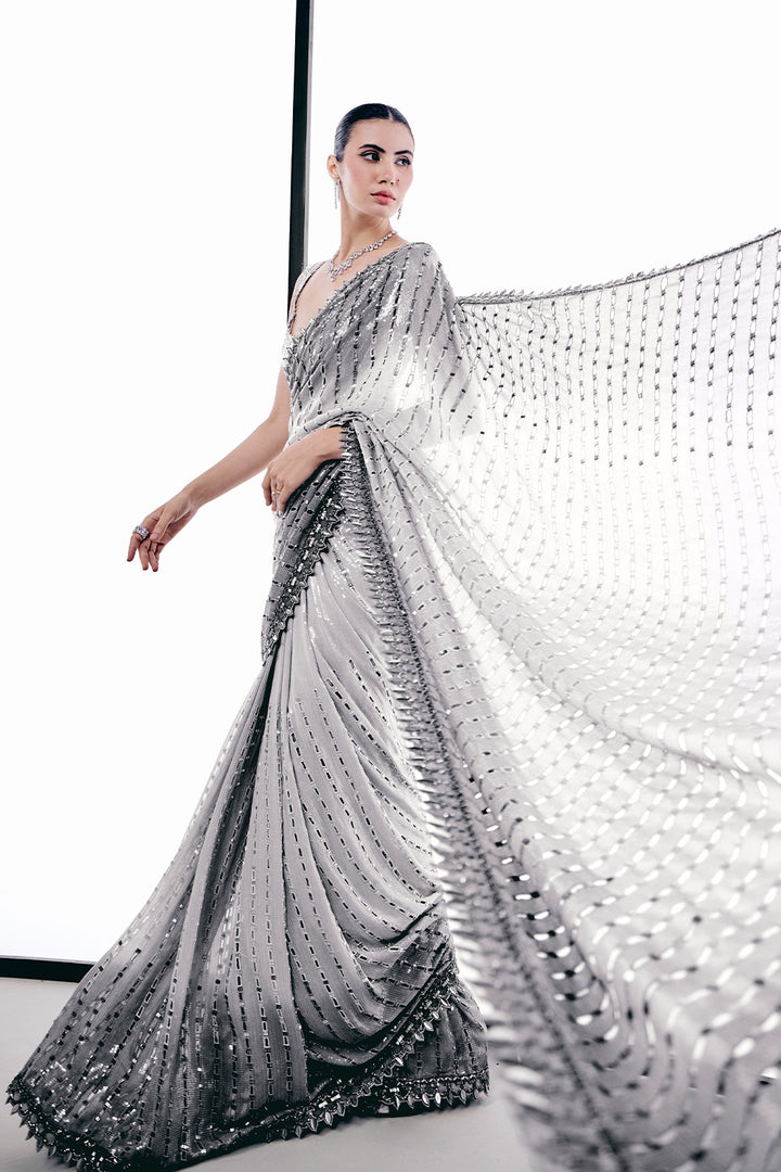 Grey ombre cutwork saree set