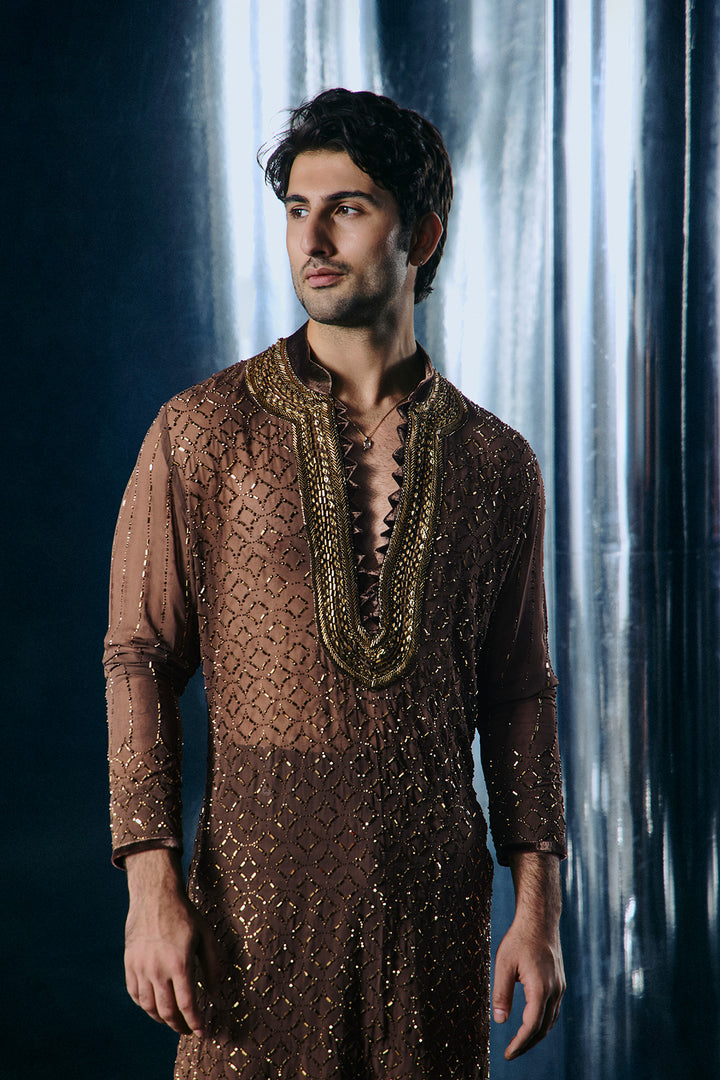 Coffee swarovski jaal kurta set