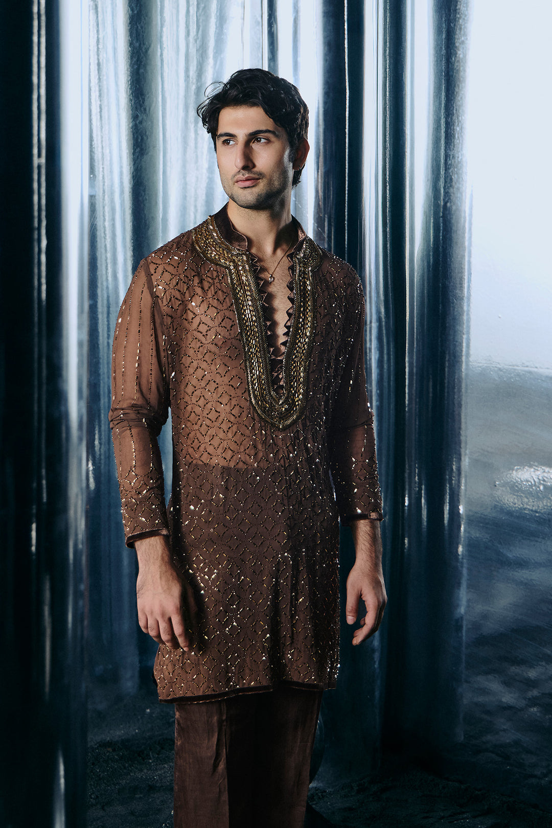 Coffee swarovski jaal kurta set